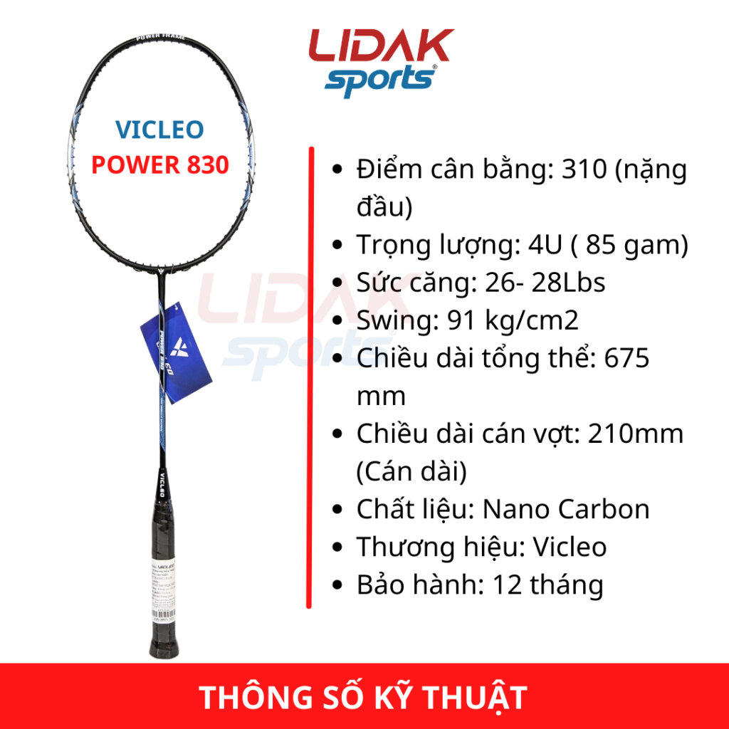Vợt cầu lông căng 10kg đến 11kg Vicleo Power 830 chính hãng khung carbon siêu nhẹ công thủ toàn diện - LIDAK SPORT