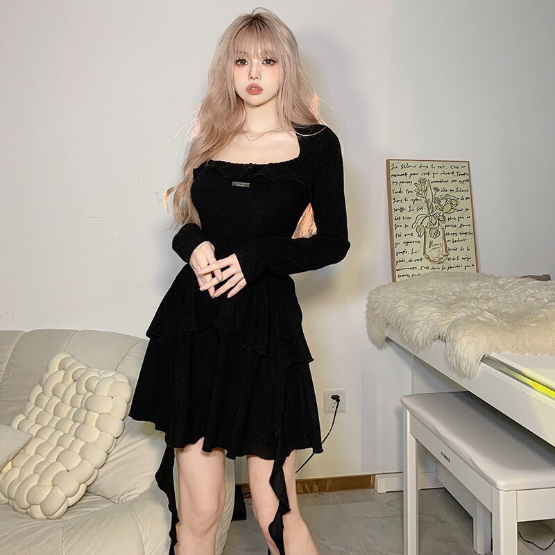 Đầm Body Chữ A Dài Tay Trễ Vai TIBU Tua Rua Bèo Tầng Phong Cách Pháp Thời Trang Cho Nữ Đi Chơi Dự Tiệc