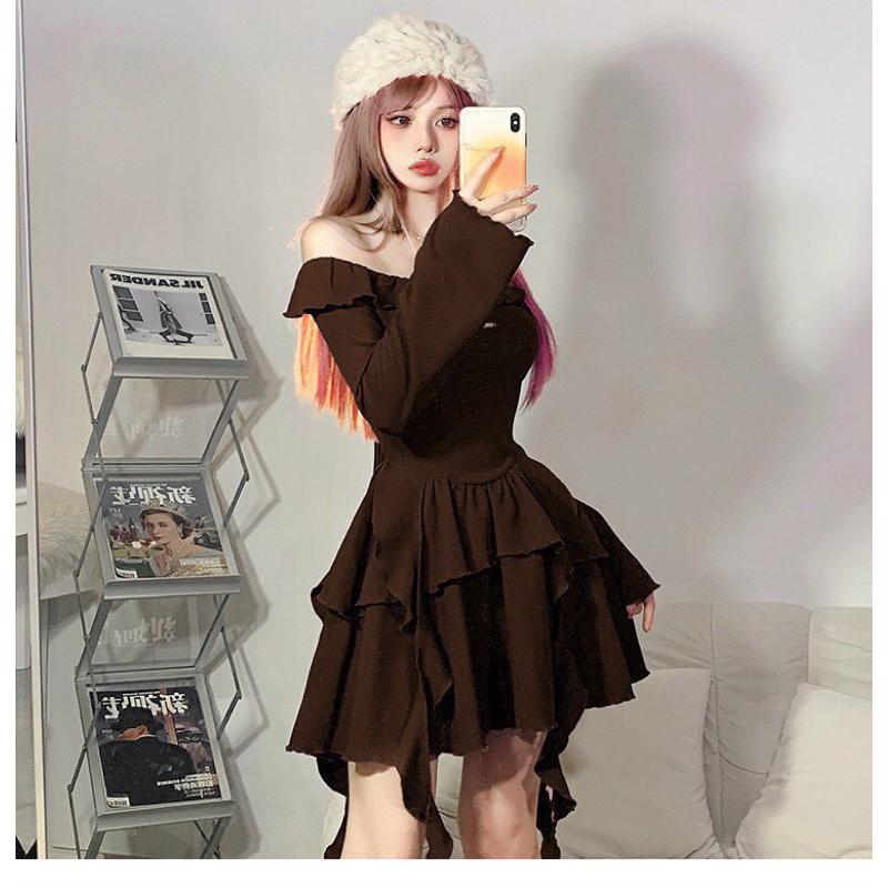 Đầm Body Chữ A Dài Tay Trễ Vai TIBU Tua Rua Bèo Tầng Phong Cách Pháp Thời Trang Cho Nữ Đi Chơi Dự Tiệc