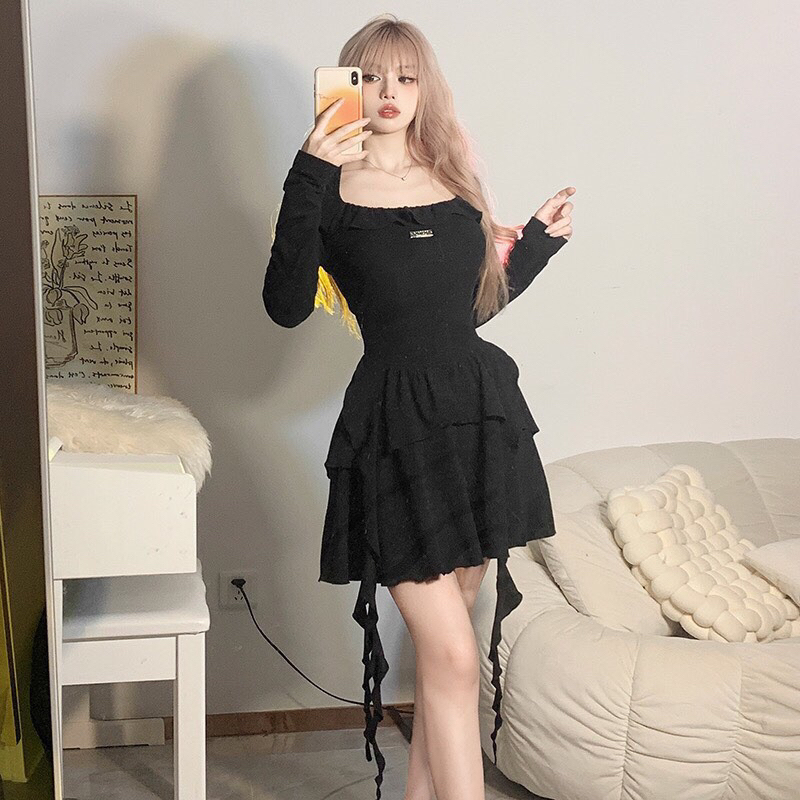 Đầm Body Chữ A Dài Tay Trễ Vai TIBU Tua Rua Bèo Tầng Phong Cách Pháp Thời Trang Cho Nữ Đi Chơi Dự Tiệc