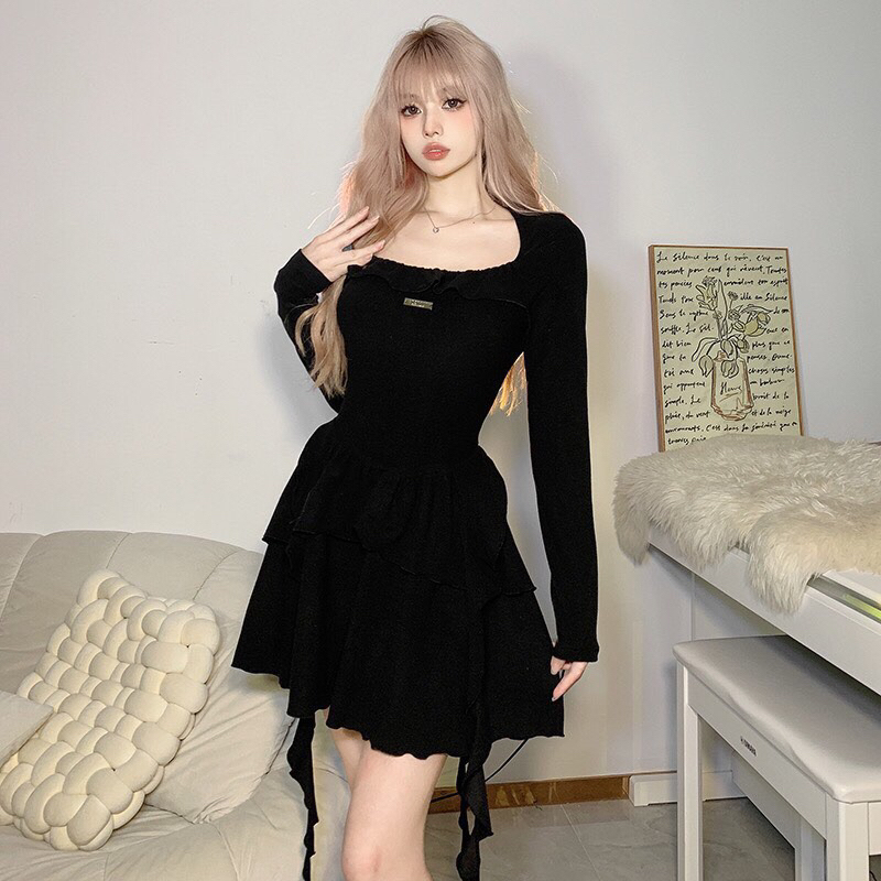 Đầm Body Chữ A Dài Tay Trễ Vai TIBU Tua Rua Bèo Tầng Phong Cách Pháp Thời Trang Cho Nữ Đi Chơi Dự Tiệc