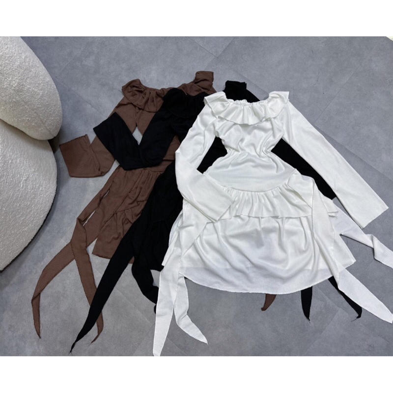 Đầm Body Chữ A Dài Tay Trễ Vai TIBU Tua Rua Bèo Tầng Phong Cách Pháp Thời Trang Cho Nữ Đi Chơi Dự Tiệc