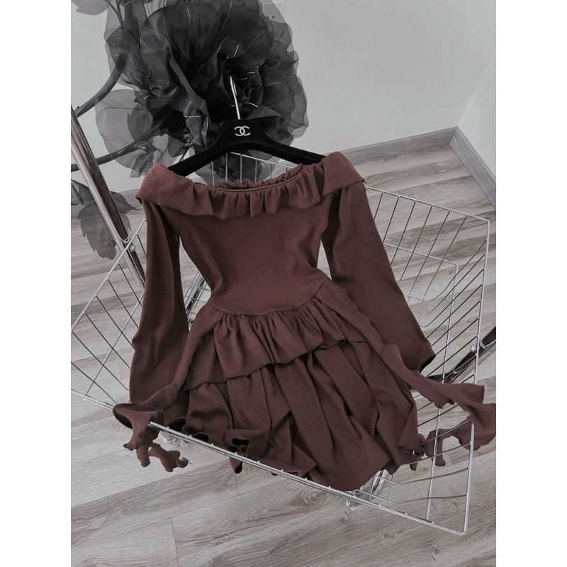 Đầm Body Chữ A Dài Tay Trễ Vai TIBU Tua Rua Bèo Tầng Phong Cách Pháp Thời Trang Cho Nữ Đi Chơi Dự Tiệc