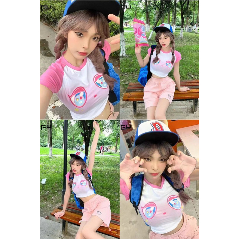 Áo crotop thun ngắn tay hoạ tiết mắt anime dễ thương chibi><
