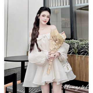 Đầm Tơ Hai Lớp Trễ Vai Bồng Bềnh Phối Nơ To Xinh Xỉu Bob 02, Áo Váy Bánh Bèo Dáng Babydoll Tay Phồng Dễ Thương Lekemqc