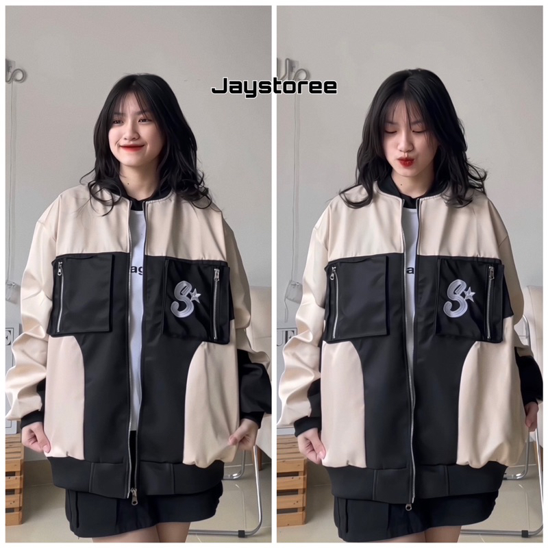 Áo Khoác Bomber Unisex S STAR ⭐️ chất Dù 2 lớp dày dặn màu Kem phối Đen 🏁 Nam nữ unisex/Áo khoác form rộng Jaystoree 🖤