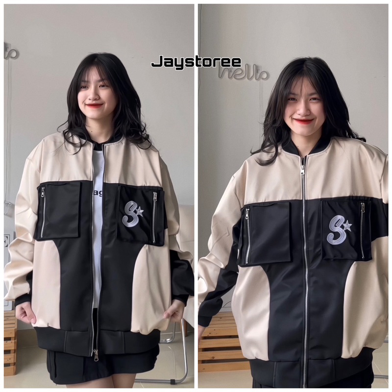 Áo Khoác Bomber Unisex S STAR ⭐️ chất Dù 2 lớp dày dặn màu Kem phối Đen 🏁 Nam nữ unisex/Áo khoác form rộng Jaystoree 🖤