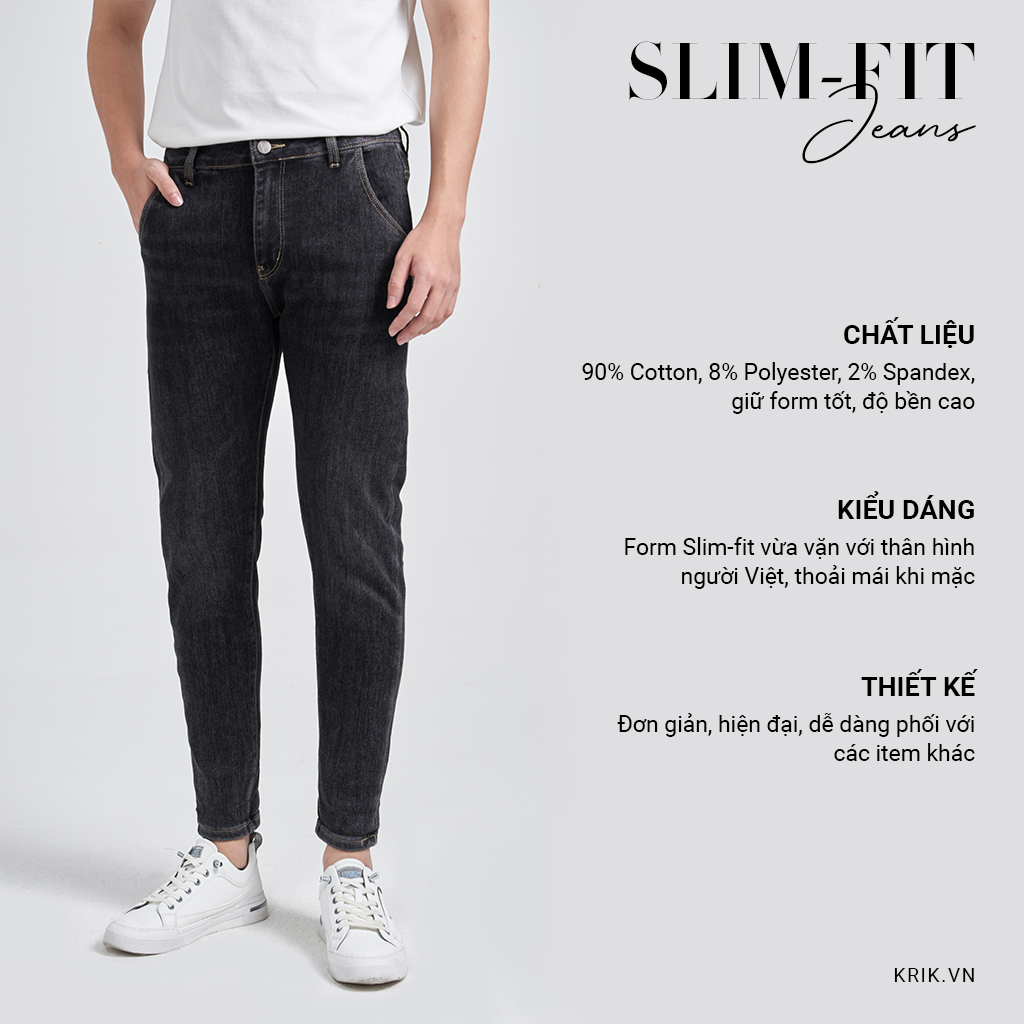 Quần Jean Nam Local Brand KRIK Dáng Slimfit Hàn Quốc, Màu Đen Mài Nhẹ QJ0256