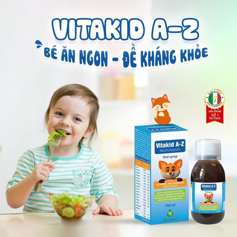 Siro Vitakid A-Z giúp bé ăn ngon miệng tiêu hóa tốt giảm ốm và tự vị ngon dễ uống. cho trẻ  từ 0 tháng tuổi