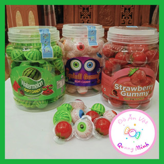 Bán sỉ Lọ Kẹo dẻo có nhân 60 cái 10g với hình dưa hấu, con mắt, dâu tây thơm ngon hấp dẫn, đồ ăn vặt hot nhất