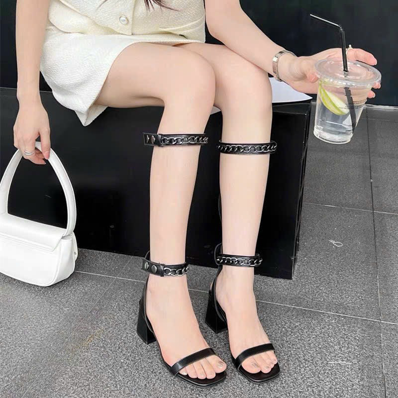 GIÀY SANDAL CHIẾN BINH QUAI DÂY DA PHỐI XÍCH GÓT VUÔNG SIÊU XINH