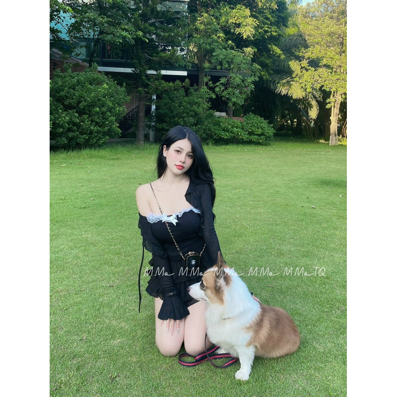 Set đồ tiểu thư áo khoác nhẹ + áo cúp viền ren mix chân váy xoè tầng