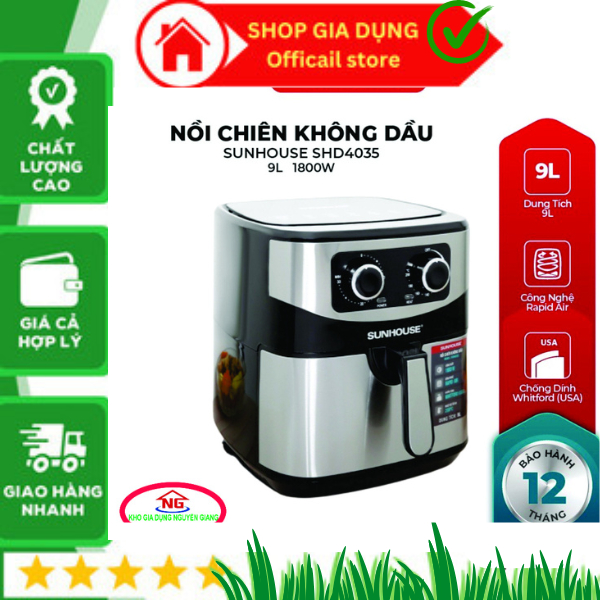 Nồi chiên không dầu 9L Sunhouse SHD4035, nồi chiên không dầu, nồi nướng không , chống dính cao, không dầu