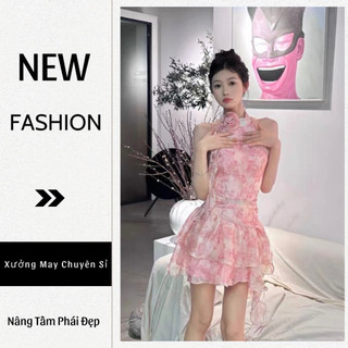 Đầm nữ cổ yếm họa tiết loang hồng kèm hoa tua rua siêu xinh th104