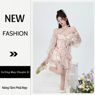 ĐẦM HOA HỒNG TAY DÀI VẠT CHÉO THỜI TRANG ĐUÔI CÁ TẦNG TH02