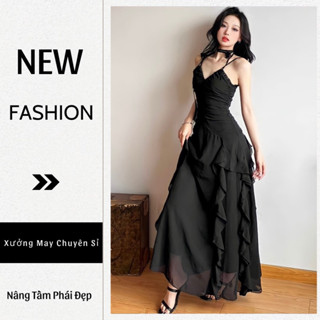  ĐẦM HAI DÂY DÁNG ÔM MAXI THIẾT KẾ PHỐI BÈO HÔNG TÔN DÁNG HACK EO TH112 