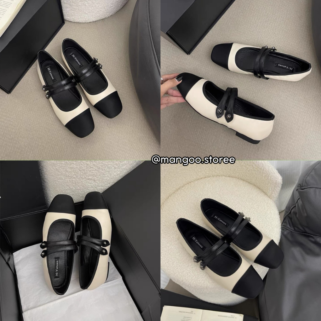 Giày búp bê bệt hai dây ngang phối màu phong cách tiểu thư đơn giản