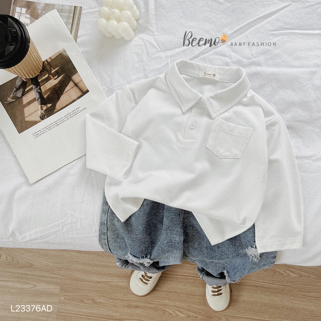 Áo Polo dài tay phối túi cho bé trai Beemo,Chất liệu cotton mềm, co giãn và thoáng khí, form basic dễ mix đồ B375