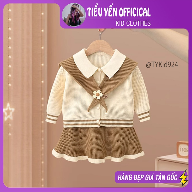 Quần áo trẻ em, Set len cao cấp bé gái, áo khoác len be và chân váy nâu style hàn quốc cho bé 9-27kg S924 | Tiểu Yến KID