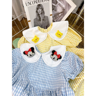 D060 - ĐẦM BABY DOLL, Đầm caro phối mickey 3D dễ thương xinh xắn