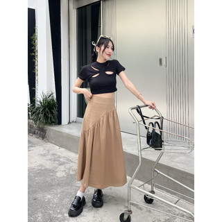 Áo thun croptop nữ tay ngăn cut out cách điệu thân trước màu đen, cá tính GAGO  GA4521