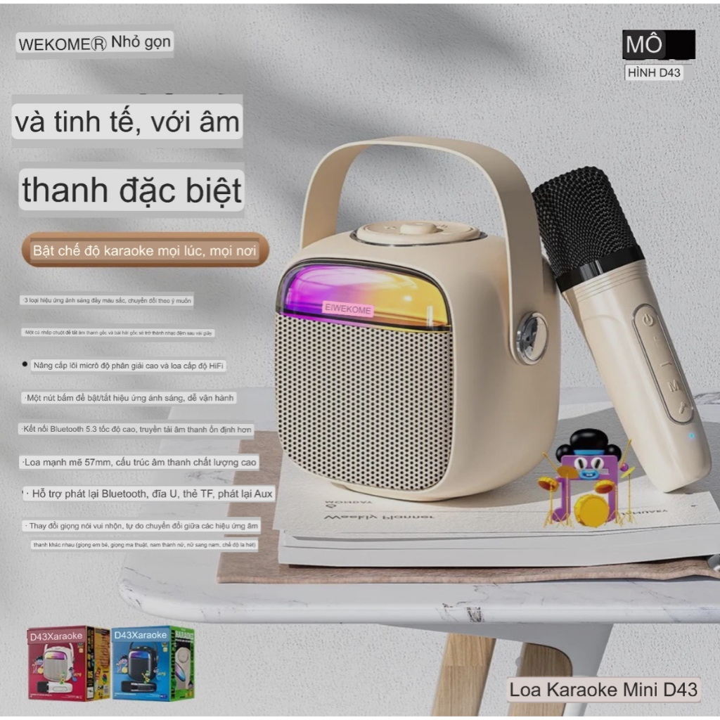 💖CHÍNH HÃNG 💖 Bộ Loa Bluetooth Tích Hợp Hát Karaoke mini WEKOME WK D43 Có Kèm Theo Mic