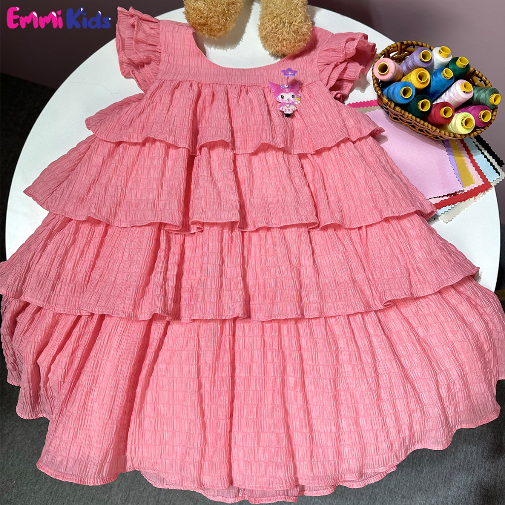 A93 Váy bé gái tầng, chất tơ xốp EMMIKIDS, Đầm trẻ em kèm kẹp tóc cute