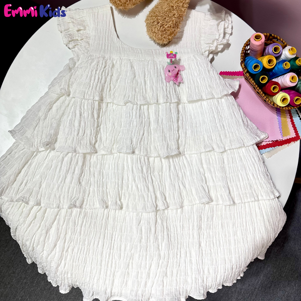 A93 Váy bé gái tầng, chất tơ xốp EMMIKIDS, Đầm trẻ em kèm kẹp tóc cute