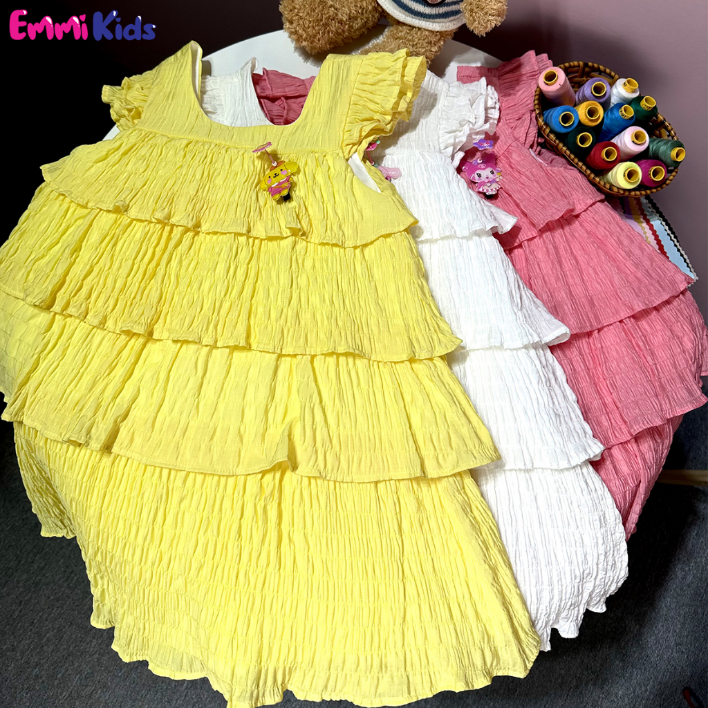 A93 Váy bé gái tầng, chất tơ xốp EMMIKIDS, Đầm trẻ em kèm kẹp tóc cute