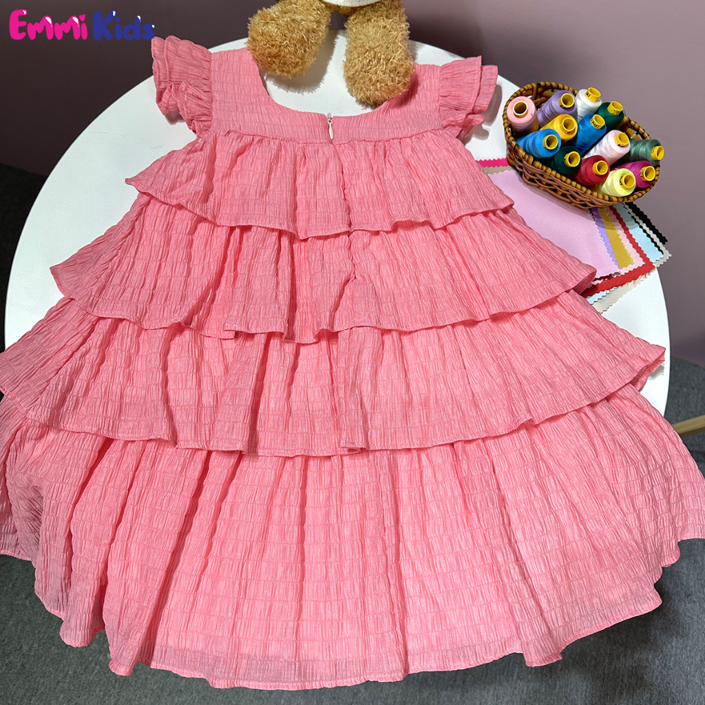 A93 Váy bé gái tầng, chất tơ xốp EMMIKIDS, Đầm trẻ em kèm kẹp tóc cute