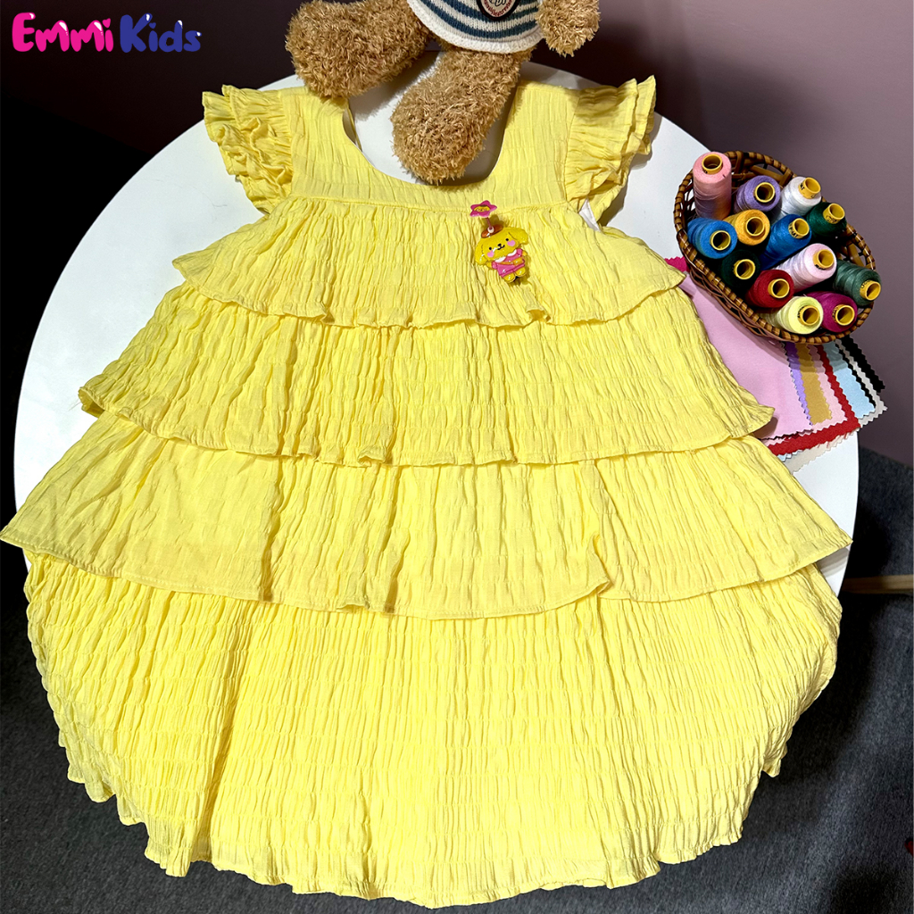 A93 Váy bé gái tầng, chất tơ xốp EMMIKIDS, Đầm trẻ em kèm kẹp tóc cute