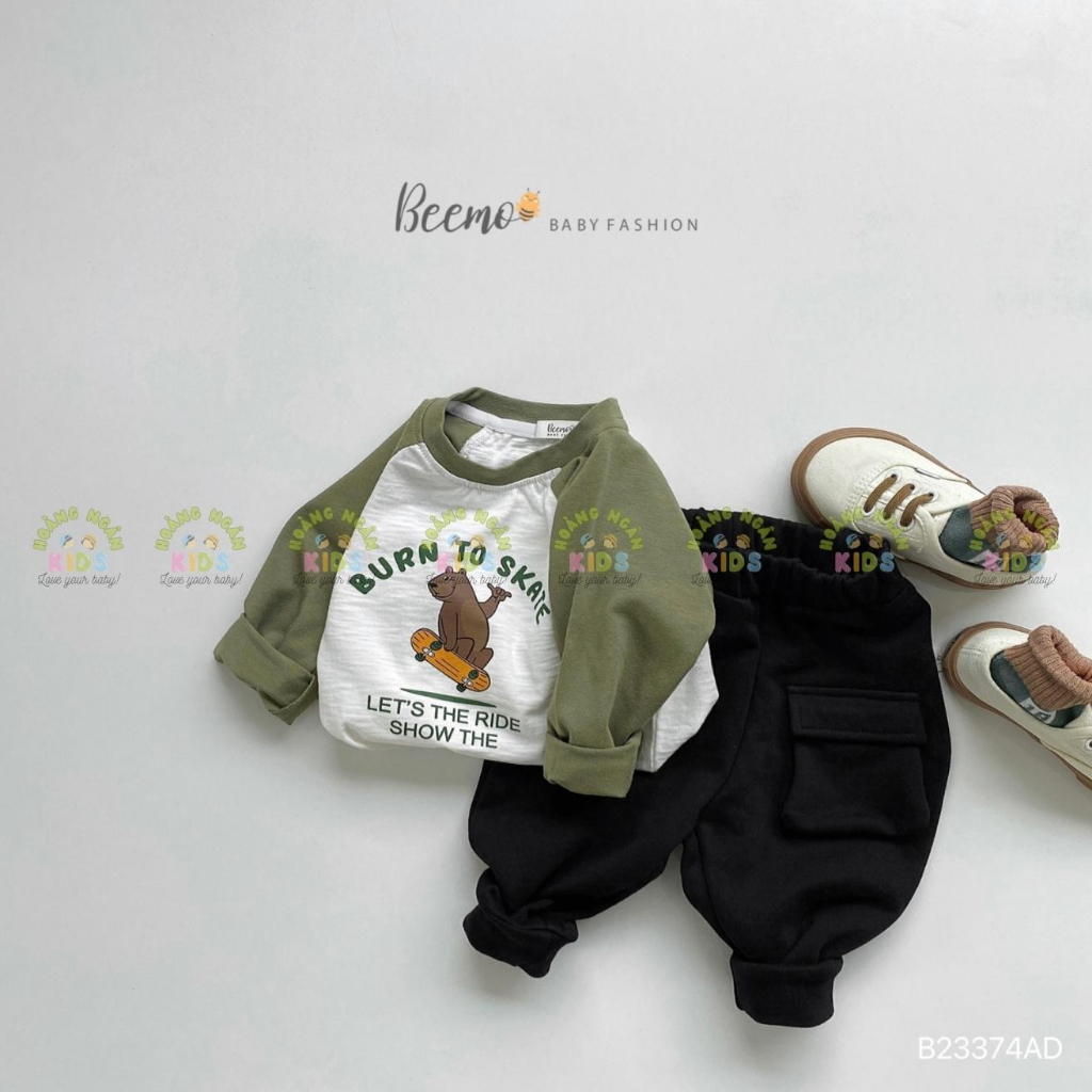 Áo phông dài tay in hoạ tiết cho bé, áo thun thu đông cotton tay phối Beemo