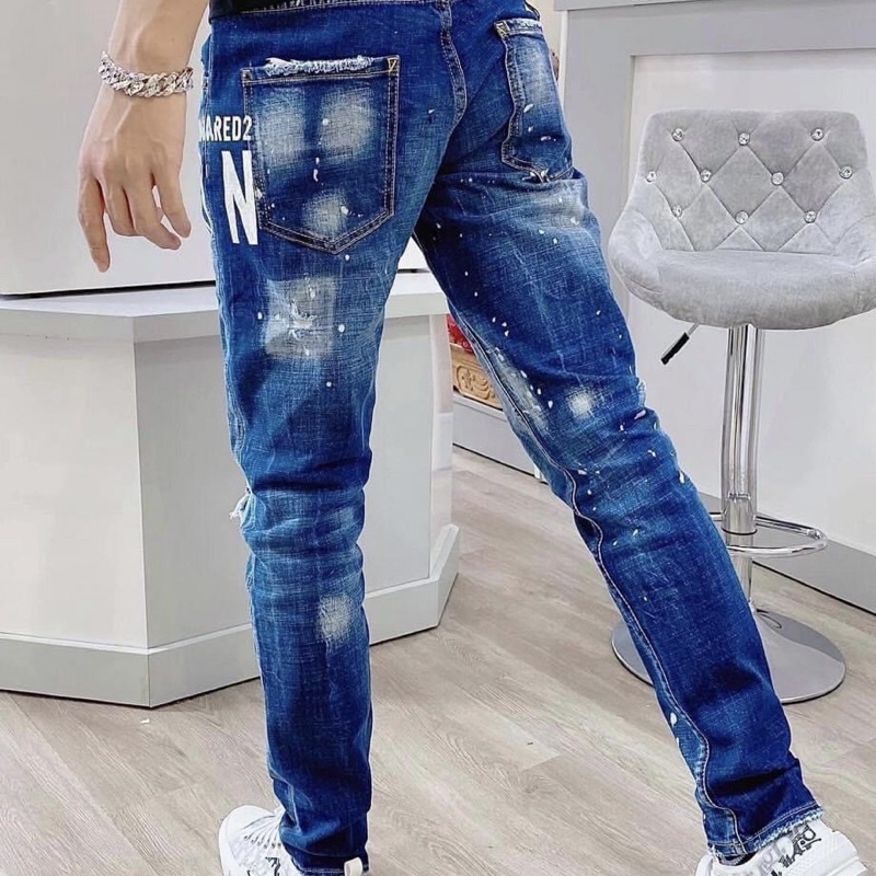 A24 Quần Jean DSQUARED2 Xanh Chữ ICON Vẩy Sơn Quần Bò DSQ Chấm Sơn Xanh Sáng Chất Co Giãn Phối Ống Loang Hot 2023