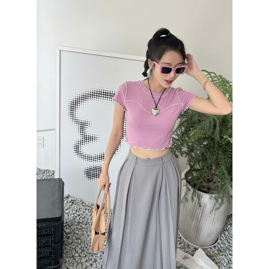 GAGO Áo thun croptop nữ viền cách điệu tay ngắn, màu hồng tím GA4522