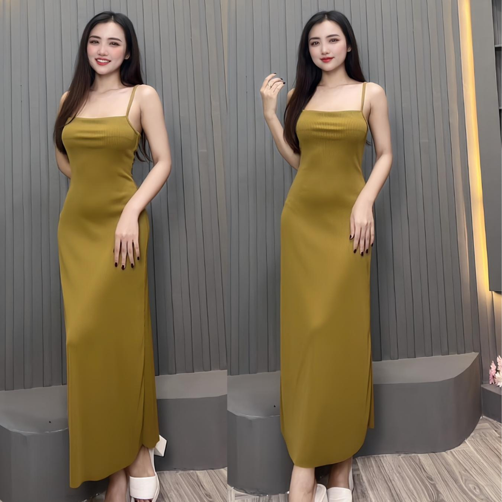 Đầm 2 dây dáng dài chất thun len co giãn freesize V47 Hả Lan Store