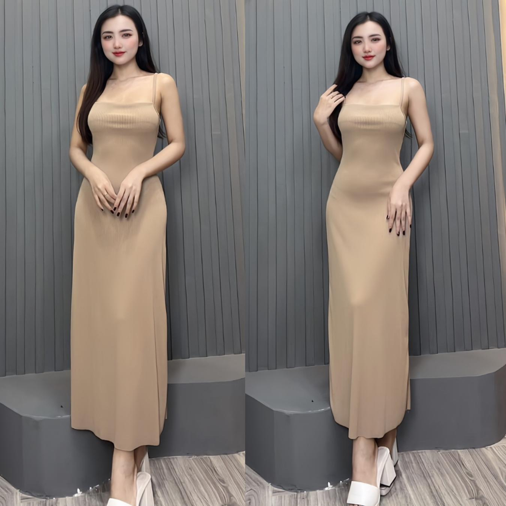 Đầm 2 dây dáng dài chất thun len co giãn freesize V47 Hả Lan Store