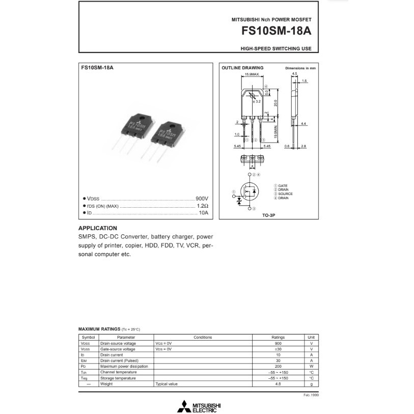 MOSFET N-Channel 2SK1411 20A 500V; 47N60C3 SPW47N60C3 47A 650V; W45NM50 STW45NM50 45A 550V; FS10SM FS10SM-18A 10A 900V