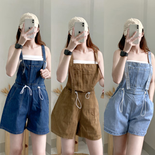 Quần Yếm Short Jean KaKi rút dây eo,-Yếm Quần Hai Dây Nhún Eo Ống Đứng