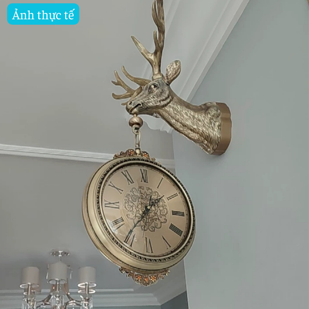 Đồng hồ treo tường trang trí cao cấp hình đầu hươu - Đồng hồ treo tường 2 mặt - Đồng hồ phòng khách - Mã DH66