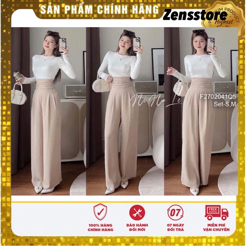 Set áo thun trắng tay dài kết hợp quần tây xuông xếp ly lưng cao! Q50223