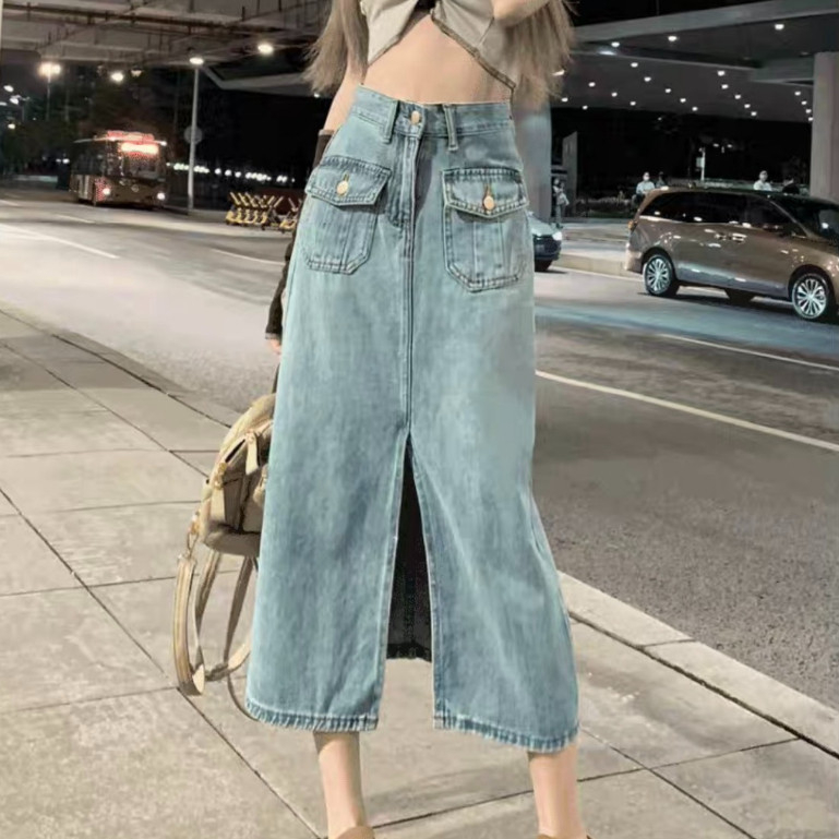 Chân váy jean nữ dài qua gối cạp cao, chân váy KABICO xẻ trước phong cách_A30 | BigBuy360 - bigbuy360.vn