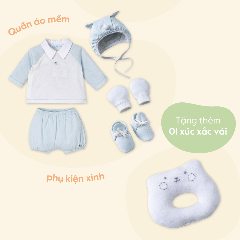 - Set quà tặng sơ sinh màu trắng/xanh cho bé trai bé gái newborn
