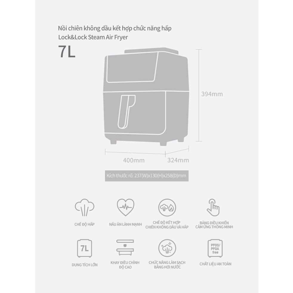 Nồi chiên không dầu & hấp Lock&Lock Steam Air Fryer 7L EJF881 EJF881BLK EJF881IVY - Hàng Chính Hãng