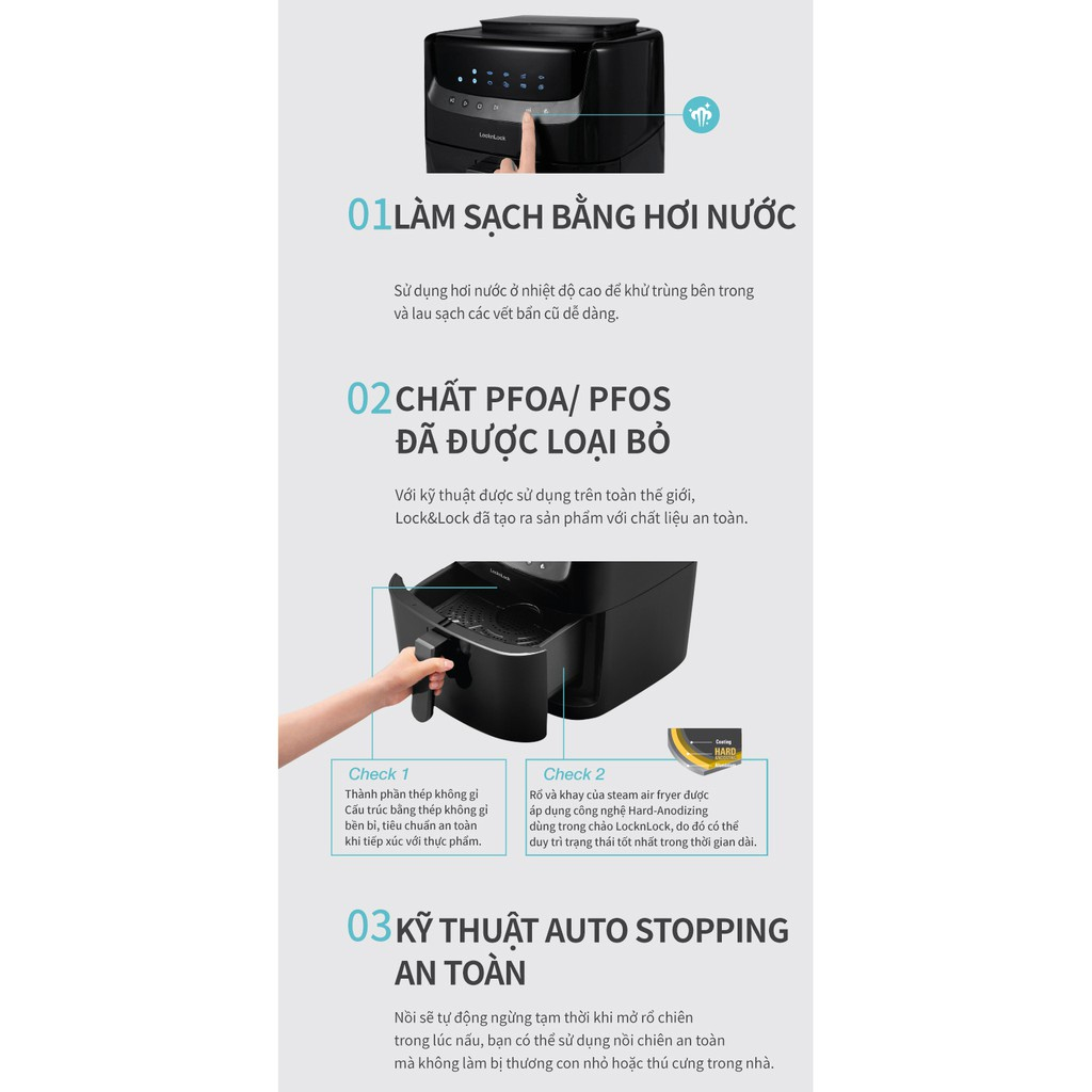 Nồi chiên không dầu & hấp Lock&Lock Steam Air Fryer 7L EJF881 EJF881BLK EJF881IVY - Hàng Chính Hãng