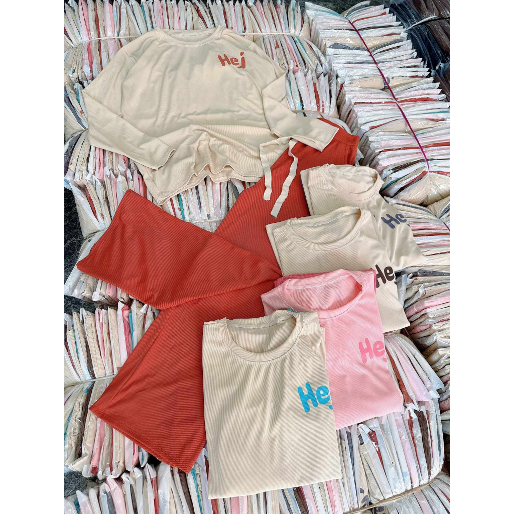 Set ủ kem, set bộ nữ thun gân tăm lạnh dày mát quần ống rộng có túi kèm áo tay dài xỏ ngón, quần áo nữ, đồ bộ nữ