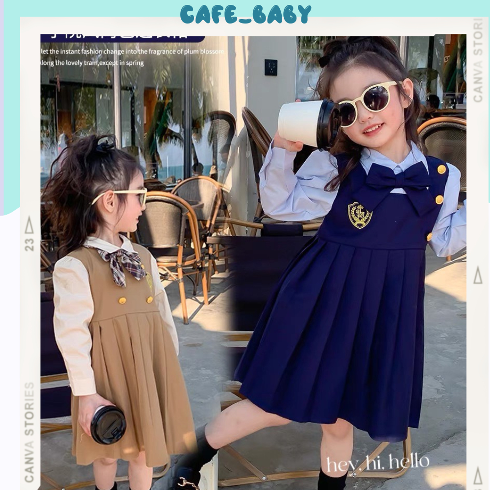 (13-30kg) Váy Đầm Bé Gái Babydoll Thiết Kế Dáng Sơ Mi Học Sinh Thắt Nơ Xinh Dễ Thương Cho Trẻ Em Mặc Thu Đông