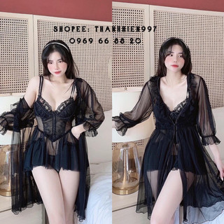♥️Hàng QC♥️Sét váy ngủ kèm áo choàng ren cao cấp_Thanhhien997_xuyên thấu 758.