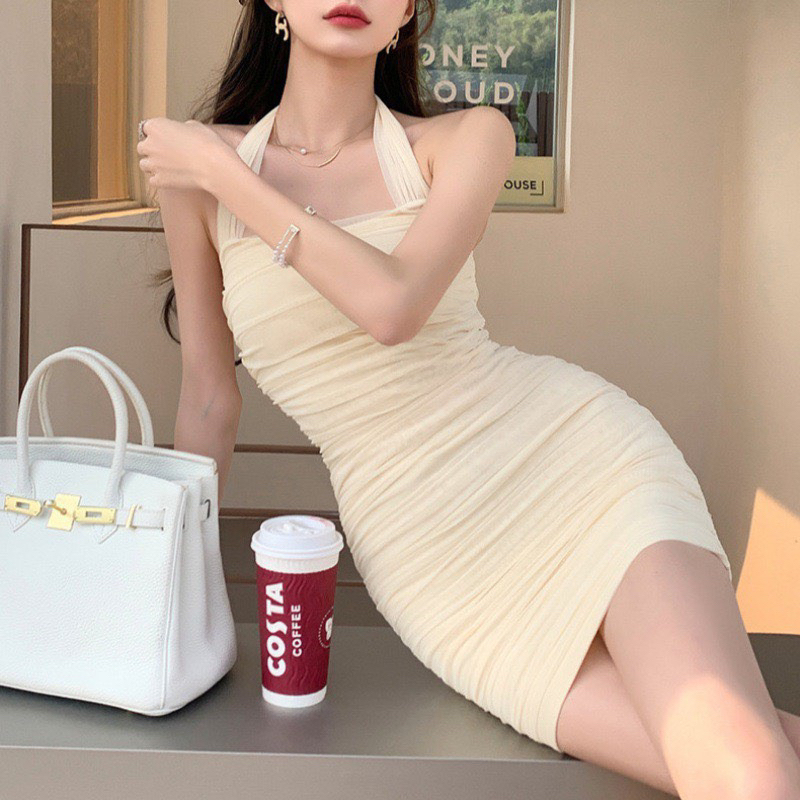 Đầm body lưới nhún dây choàng cổ