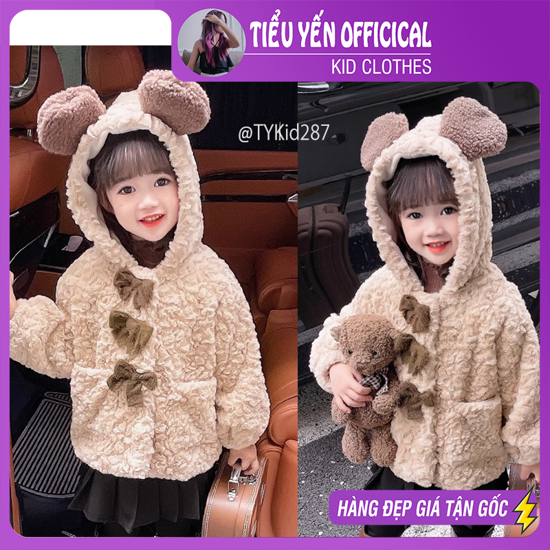 Quần áo trẻ em, Áo khoác lông tai gấu bé gái, lông dày dặn có lót lông bên trong cho bé 8-20kg AK287 | Tiểu Yến KID