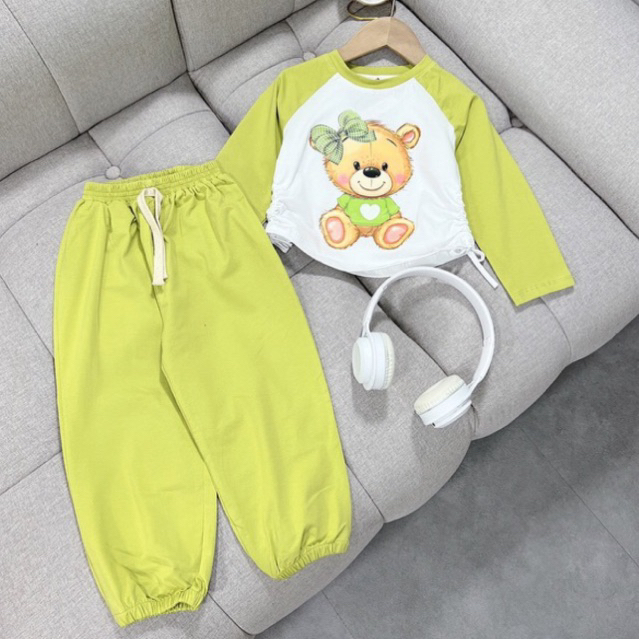 Bộ quần áo thu cotton dài tay in hình gấu thỏ cho bé gái size nhỡ